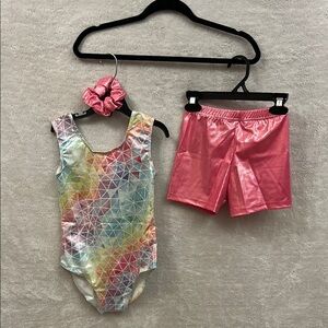 Colorful Geometric Leotard and Pink Shorts Set